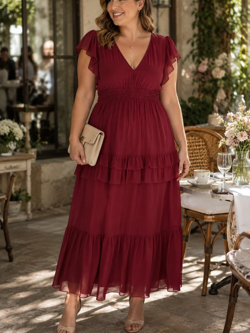 Taylor Smocked Waist Burgundy Red Maxi Dress Sz plus 16 V neck Flutter Sleeve